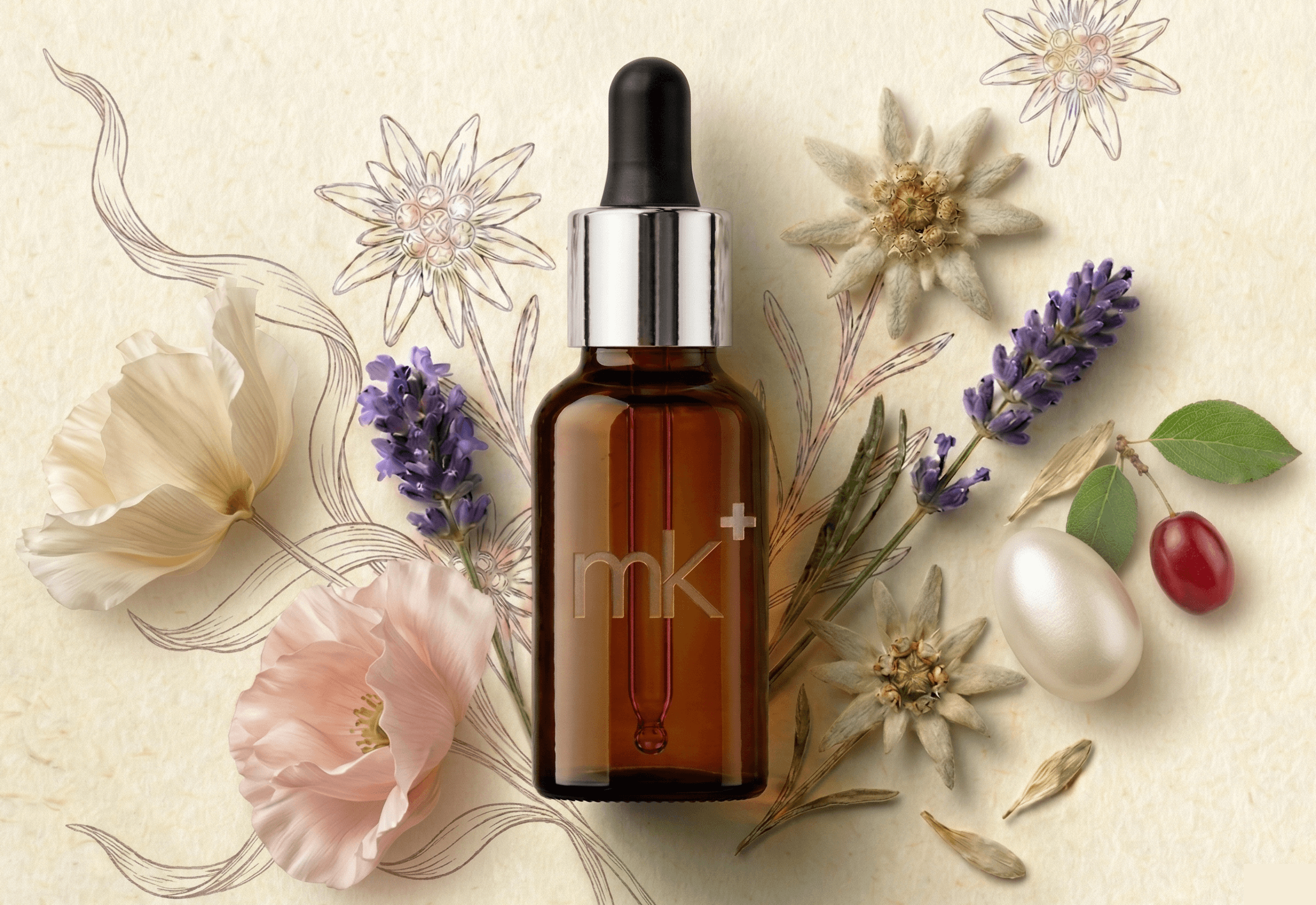 minimalistKonzept product bottle surrounded by botanicals and floral illustrations.
